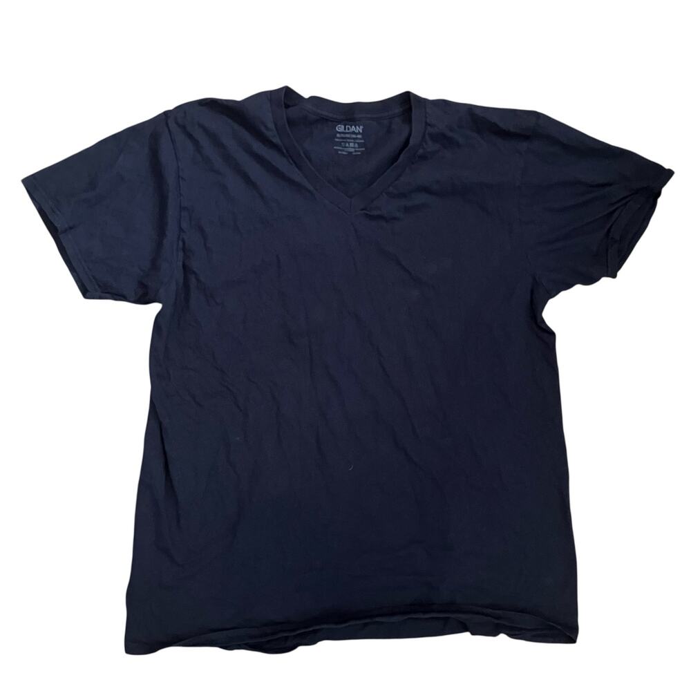 Gildan Navy Blue V Neck T Shirt XL Cotton Blend Casual Minimalist Tee